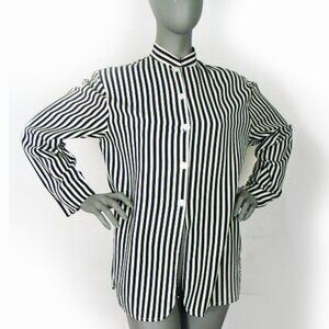 Vintage Silk House Black & White Stripe Long Sleeve Silk Classic Cut Blouse EUC